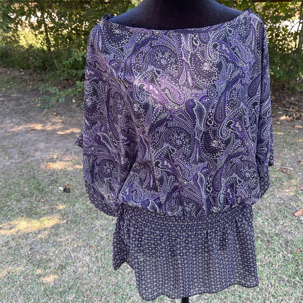 Miley Cyrus Women Size XL Purple White Paisley Sheer Modesty Blouse